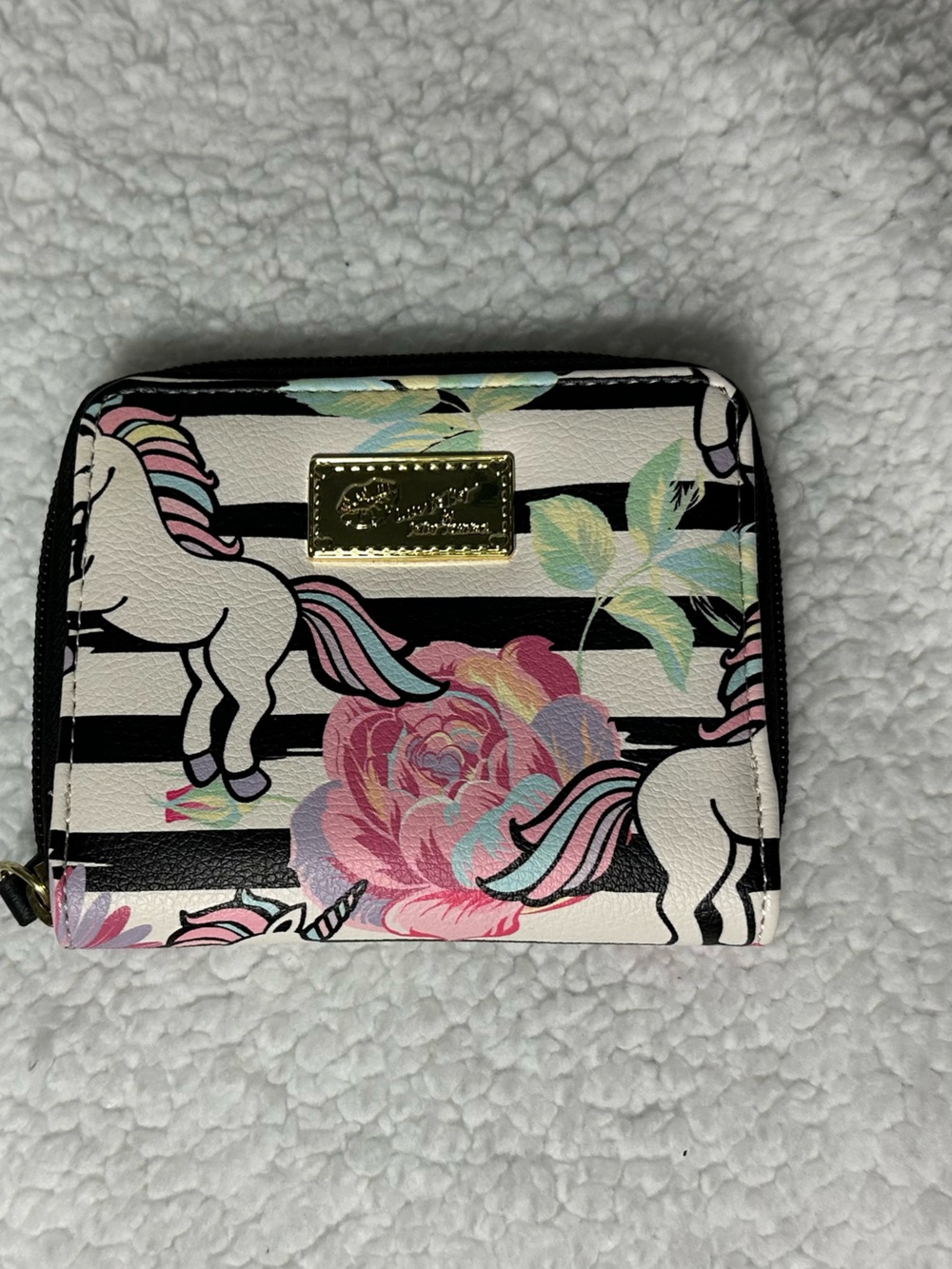 Betsey Johnson  White & Black Stripe Unicorn Zip Wallet with Pastel Floral Print